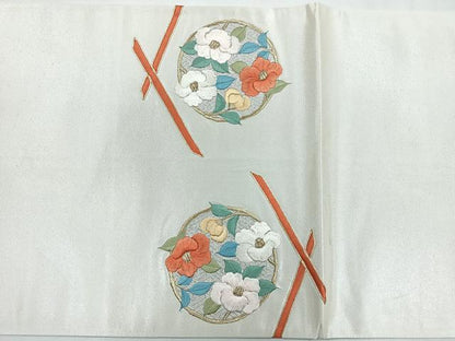 平和屋着物◎太鼓柄袋帯 駒刺繍 花丸文 金銀糸 正絹 逸品 CABC1683nb