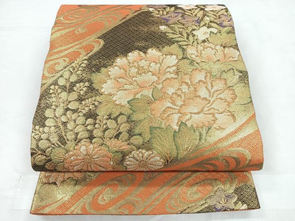 平和屋着物◎佐賀錦　六通柄袋帯　流水草花文　金糸　正絹　逸品　CABC1756nb