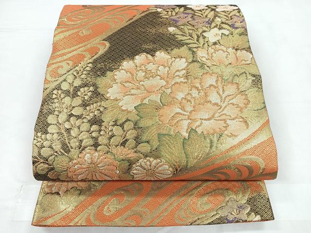 平和屋着物◎佐賀錦　六通柄袋帯　流水草花文　金糸　正絹　逸品　CABC1756nb