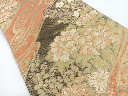 平和屋着物◎佐賀錦　六通柄袋帯　流水草花文　金糸　正絹　逸品　CABC1756nb