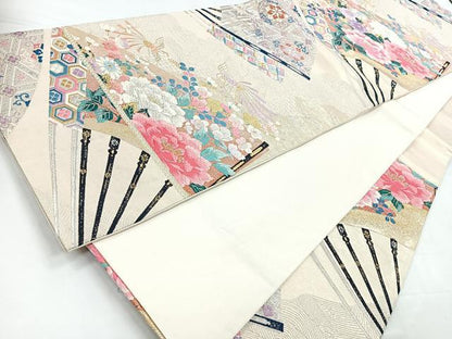 平和屋着物◎六通柄袋帯　唐織　扇面雅花鳥文　正絹　逸品　CABC1758nb