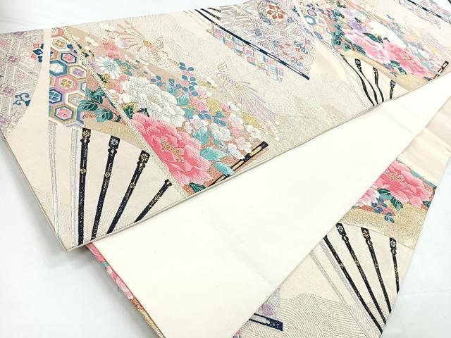平和屋着物◎六通柄袋帯　唐織　扇面雅花鳥文　正絹　逸品　CABC1758nb