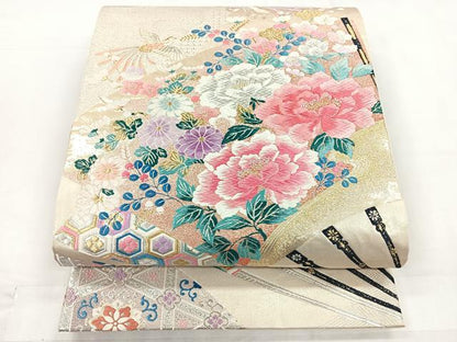 平和屋着物◎六通柄袋帯　唐織　扇面雅花鳥文　正絹　逸品　CABC1758nb