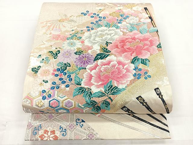 平和屋着物◎六通柄袋帯　唐織　扇面雅花鳥文　正絹　逸品　CABC1758nb