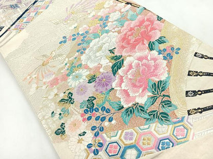 平和屋着物◎六通柄袋帯　唐織　扇面雅花鳥文　正絹　逸品　CABC1758nb