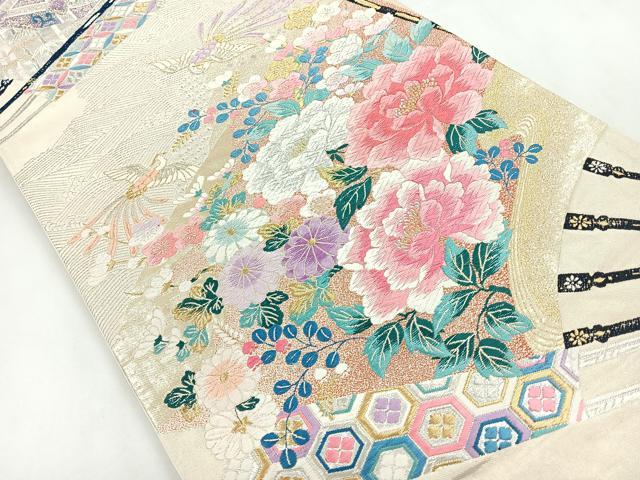 平和屋着物◎六通柄袋帯　唐織　扇面雅花鳥文　正絹　逸品　CABC1758nb