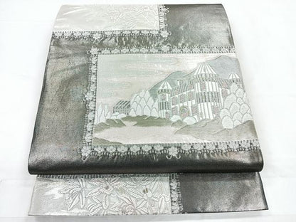 平和屋着物◎六通柄袋帯　唐織　風景文　黒地　金銀糸　正絹　逸品　CABC1764nb