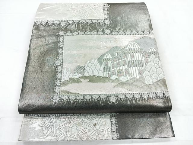 平和屋着物◎六通柄袋帯　唐織　風景文　黒地　金銀糸　正絹　逸品　CABC1764nb