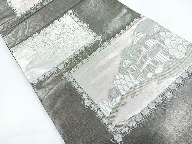 平和屋着物◎六通柄袋帯　唐織　風景文　黒地　金銀糸　正絹　逸品　CABC1764nb