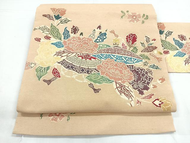 平和屋着物●九寸名古屋帯 紬地 型染め 花笠 正絹 逸品 CABC1777nb