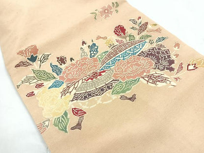 平和屋着物●九寸名古屋帯 紬地 型染め 花笠 正絹 逸品 CABC1777nb