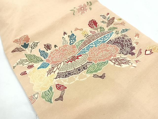 平和屋着物●九寸名古屋帯 紬地 型染め 花笠 正絹 逸品 CABC1777nb