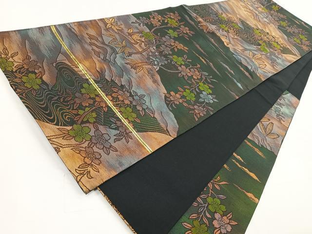 平和屋着物◎六通柄袋帯 風景花文 金糸 正絹 逸品 CABC1796nb