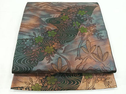 平和屋着物◎六通柄袋帯 風景花文 金糸 正絹 逸品 CABC1796nb