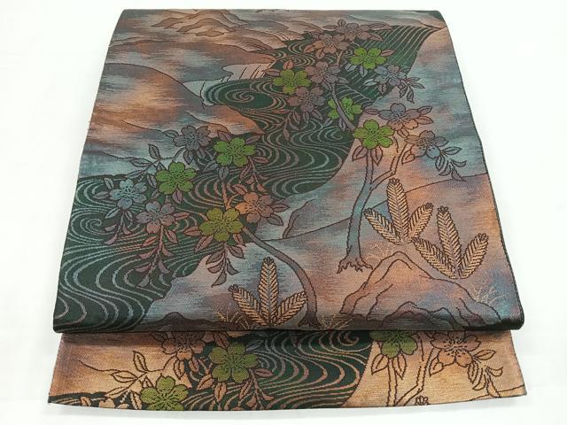 平和屋着物◎六通柄袋帯 風景花文 金糸 正絹 逸品 CABC1796nb