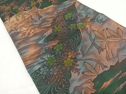 平和屋着物◎六通柄袋帯 風景花文 金糸 正絹 逸品 CABC1796nb