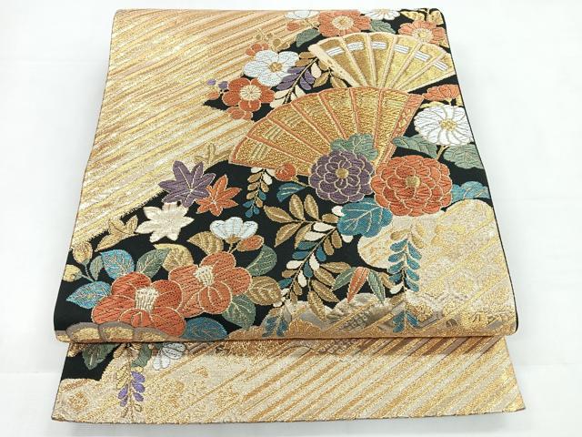 平和屋着物◎六通柄袋帯 唐織 扇面花文 金糸 正絹 逸品 CABC1803nb