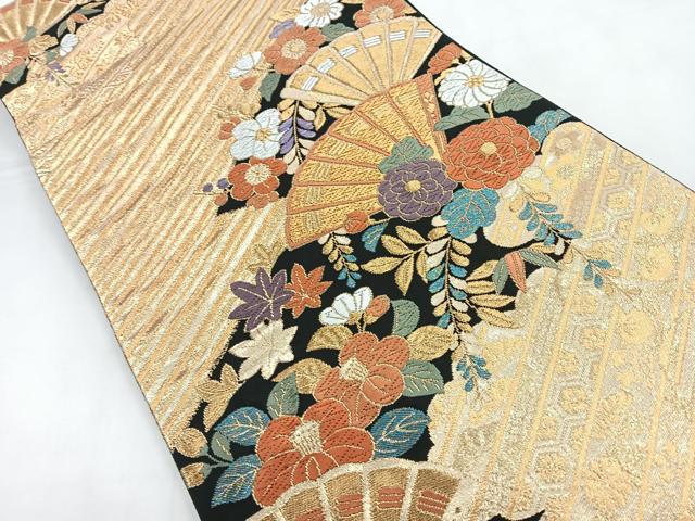 平和屋着物◎六通柄袋帯 唐織 扇面花文 金糸 正絹 逸品 CABC1803nb