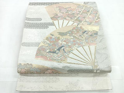 平和屋着物◎太鼓柄袋帯 扇面取り三十六歌仙図 プラチナ箔 正絹 逸品 CABC1808nb