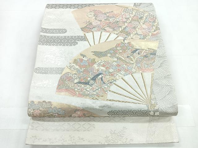 平和屋着物◎太鼓柄袋帯 扇面取り三十六歌仙図 プラチナ箔 正絹 逸品 CABC1808nb