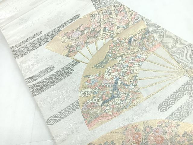 平和屋着物◎太鼓柄袋帯 扇面取り三十六歌仙図 プラチナ箔 正絹 逸品 CABC1808nb