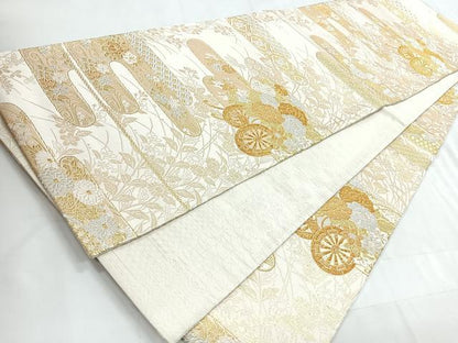平和屋着物◎両面 全通柄袋帯 花車文 美保姿苑 金銀糸 正絹 逸品 CABC1812nb