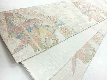 平和屋着物◎佐賀錦 六通柄袋帯 花鳥文 銀糸 正絹 逸品 CABC1819nb