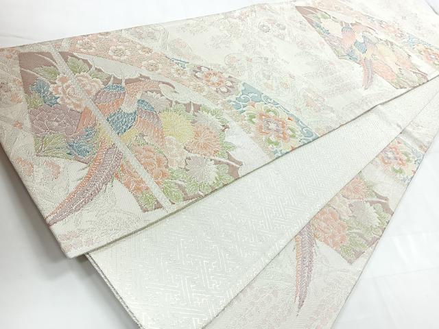 平和屋着物◎佐賀錦 六通柄袋帯 花鳥文 銀糸 正絹 逸品 CABC1819nb