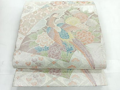 平和屋着物◎佐賀錦 六通柄袋帯 花鳥文 銀糸 正絹 逸品 CABC1819nb