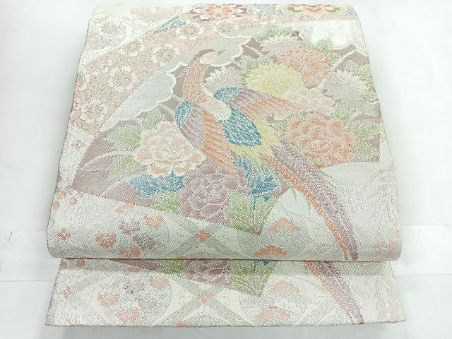 平和屋着物◎佐賀錦 六通柄袋帯 花鳥文 銀糸 正絹 逸品 CABC1819nb
