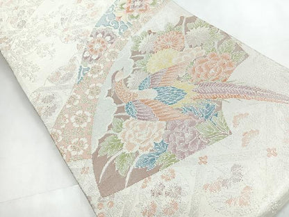 平和屋着物◎佐賀錦 六通柄袋帯 花鳥文 銀糸 正絹 逸品 CABC1819nb