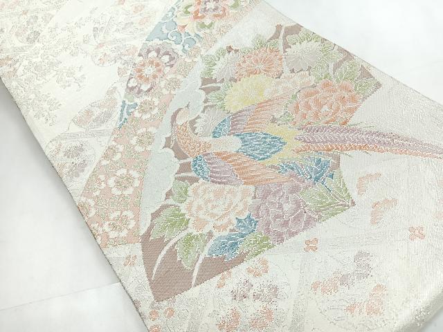 平和屋着物◎佐賀錦 六通柄袋帯 花鳥文 銀糸 正絹 逸品 CABC1819nb
