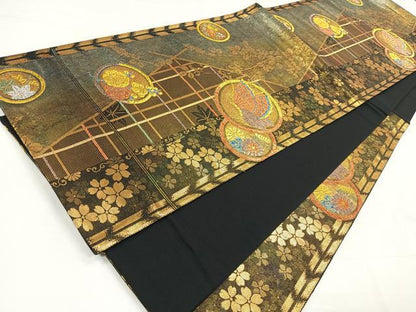 平和屋着物◎六通柄袋帯 花蝶文 金糸 引箔 正絹 逸品 CABC1828nb
