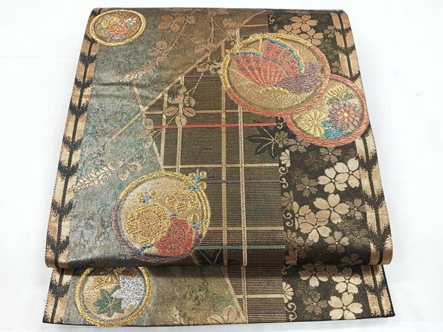 平和屋着物◎六通柄袋帯 花蝶文 金糸 引箔 正絹 逸品 CABC1828nb