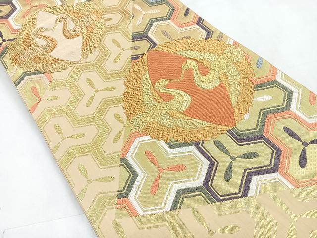 平和屋着物◎六通柄袋帯 唐織 双鶴文 毘沙門亀甲 金糸 正絹 逸品 CABC1837nb