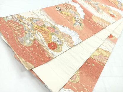 平和屋着物◎六通柄袋帯 唐織 綾綴 能衣松寿文 金銀糸 正絹 逸品 CABC1860nb