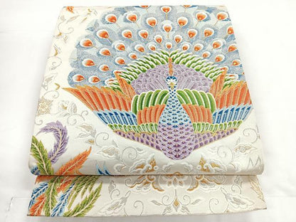 平和屋着物◎六通柄袋帯 孔雀花文 金銀糸 正絹 逸品 CABC1884nb