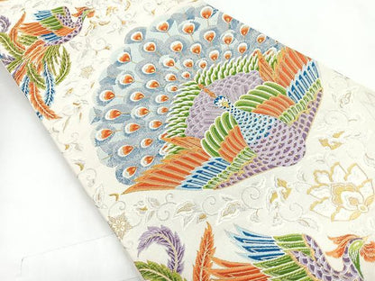 平和屋着物◎六通柄袋帯 孔雀花文 金銀糸 正絹 逸品 CABC1884nb