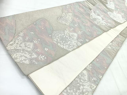 平和屋着物◎六通柄袋帯 草花文 銀糸 正絹 逸品 CABC1898nb