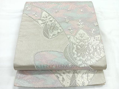 平和屋着物◎六通柄袋帯 草花文 銀糸 正絹 逸品 CABC1898nb