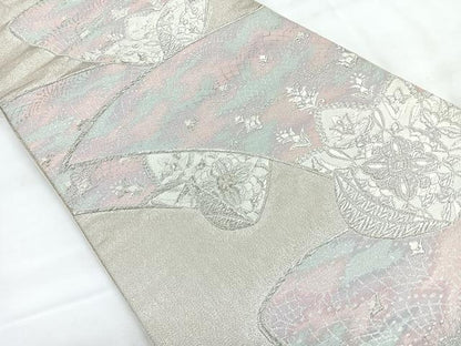 平和屋着物◎六通柄袋帯 草花文 銀糸 正絹 逸品 CABC1898nb