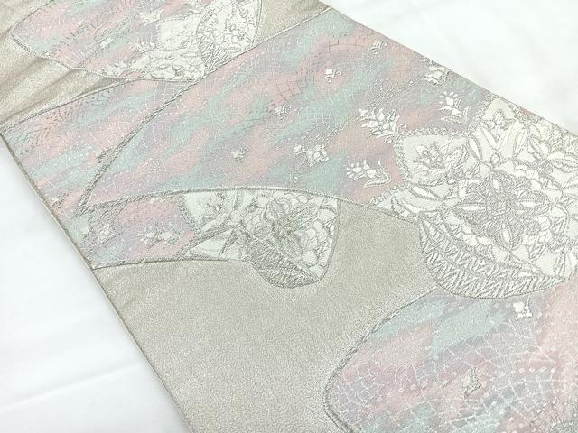 平和屋着物◎六通柄袋帯 草花文 銀糸 正絹 逸品 CABC1898nb