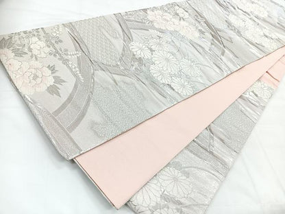平和屋着物◎六通柄袋帯　唐織　地紙花文　銀糸　正絹　逸品　CABC1899nb