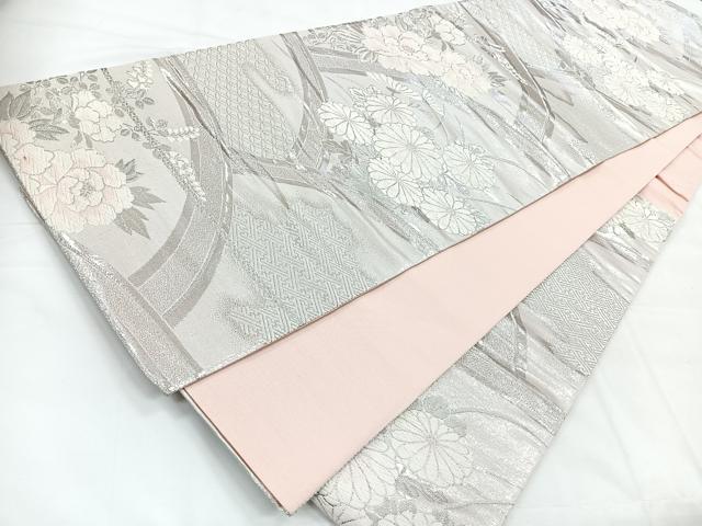 平和屋着物◎六通柄袋帯　唐織　地紙花文　銀糸　正絹　逸品　CABC1899nb