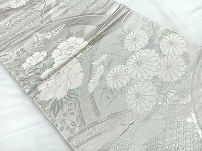 平和屋着物◎六通柄袋帯　唐織　地紙花文　銀糸　正絹　逸品　CABC1899nb