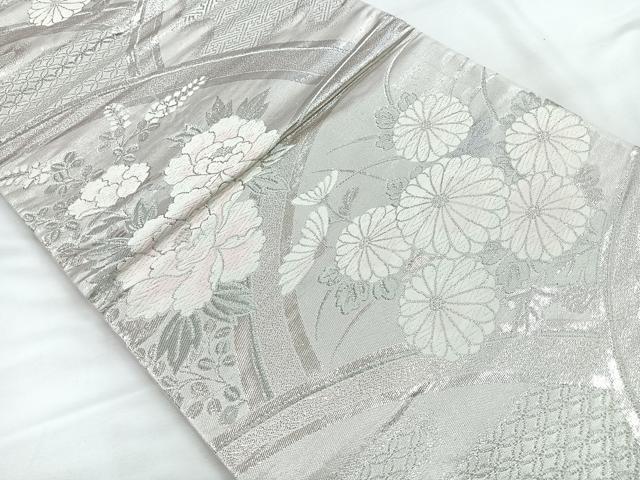 平和屋着物◎六通柄袋帯　唐織　地紙花文　銀糸　正絹　逸品　CABC1899nb