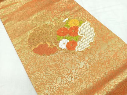 平和屋着物◎九寸名古屋帯 駒刺繍 雪輪花文 金糸 正絹 逸品 CABC1989nb