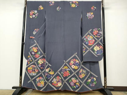 平和屋着物●江戸紅型　五味桂子　振袖　型染め　天井花丸文　鬼しぼ縮緬　正絹　逸品　CABC2002ut