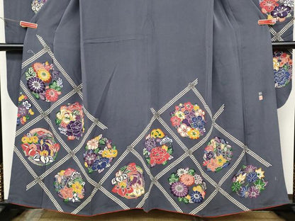 平和屋着物●江戸紅型　五味桂子　振袖　型染め　天井花丸文　鬼しぼ縮緬　正絹　逸品　CABC2002ut