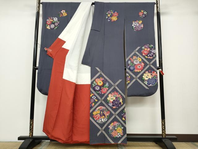 平和屋着物●江戸紅型　五味桂子　振袖　型染め　天井花丸文　鬼しぼ縮緬　正絹　逸品　CABC2002ut